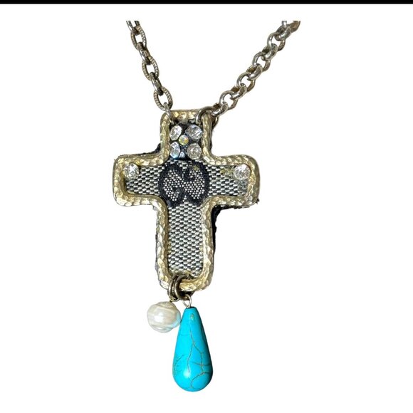 Luxury Logo Upcycled Canvas Bag Necklace with Vintage Cross Necklace W/ Pearl - Picture 6 of 17